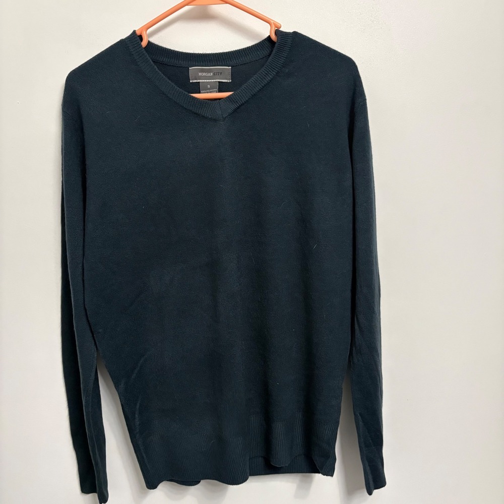 Morgan City Mens V-Neck Sweater Small Dark Teal Green Long Sleeve Knit Pullover